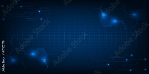 Vector illustrations of Bright glowing futuristic blue hexagonal network pattern digital hi tech background.
