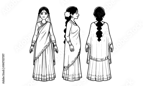 Indian mom Woman Girl character model sheet front to back all view 