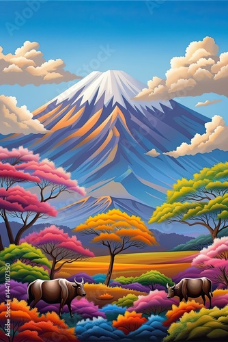 Vibrant wildlife scene showcasing majestic mountains, colorful trees, and grazing animals in a picturesque landscape, representing the beauty of nature and the surrounding world concept