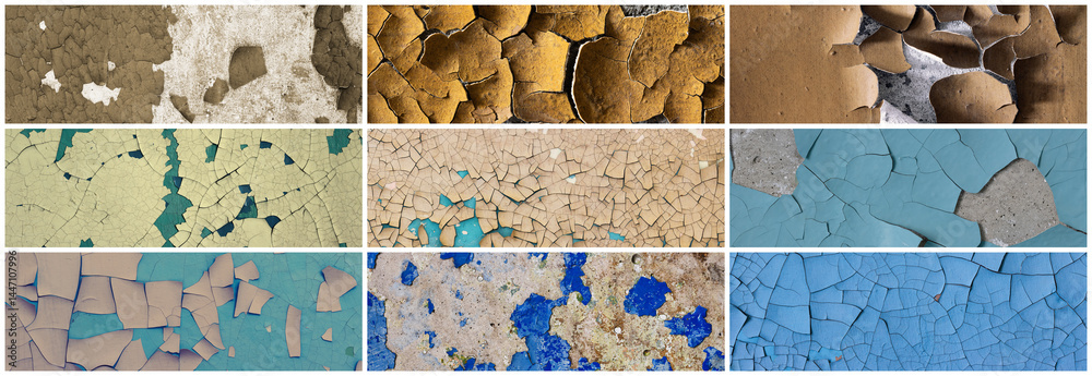 Set of peeling paint textures. Old concrete walls with cracked flaking paint. Weathered rough painted surfaces with patterns of cracks and peeling. Collection of wide panoramic backgrounds for design.