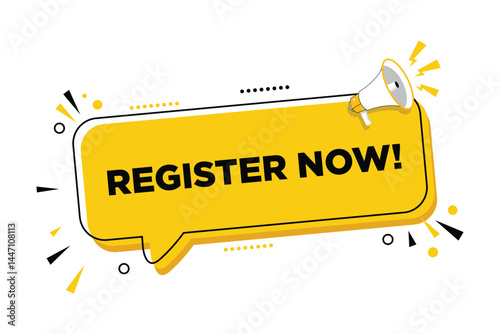 Megaphone with register now speech bubble banner. Loudspeaker. Can be used for business, marketing and advertising.