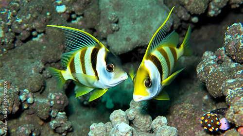 coppia di pesci angelo reali, Pygoplites diacanthus, e di pesci chirurgo Acanthurus nigrofuscus, sulla barriera corallina