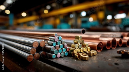 Industrial Colorful Metal Pipes and Rods in Factory Workshop