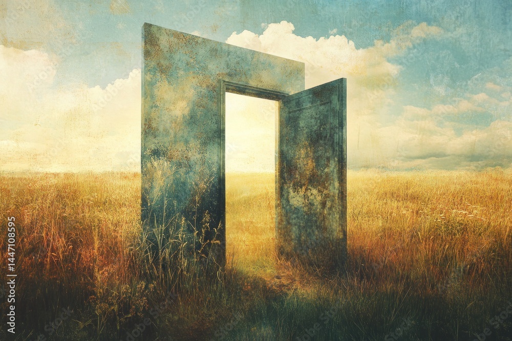 Sunny pastoral field with an open abstract door and warm light Sunny pastoral field with an open abstract door and warm light