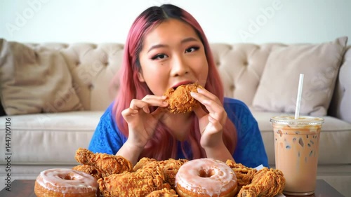 Woman eating fast food at a table with various comfort items
