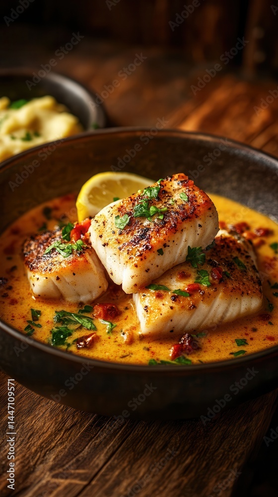 Delightful hake fillets in a rich, creamy sauce with vibrant herbs and a slice of lemon, perfect for an elegant dinner. Delightful hake fillets in a rich, creamy sauce with vibrant herbs and a slice of lemon, perfect for an elegant dinner.