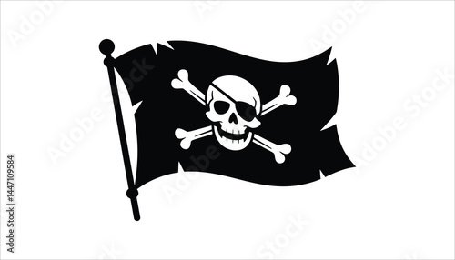 Pirate Flag Icon with Skull and Crossbones, Black and White Symbol for Nautical Design