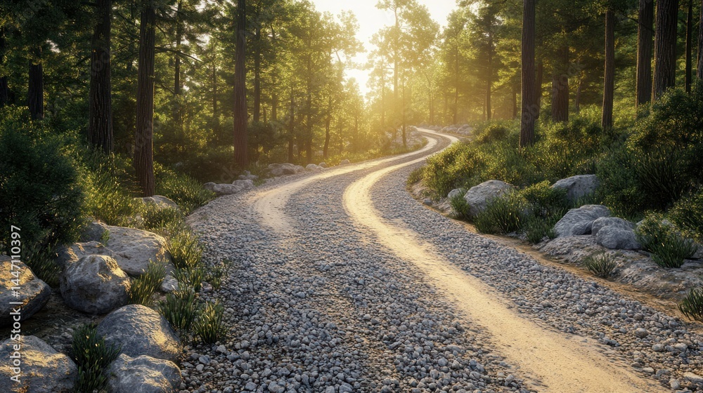 Obraz premium Sunlit Gravel Road Winding Through a Lush Forest at Golden Hour
