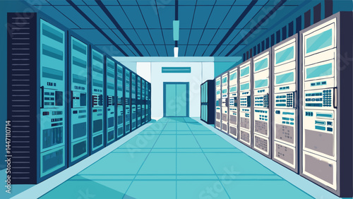Create a vector illustration of a futuristic database server room; glowing servers, intricate wiring, holographic displays, sleek metallic surfaces, and a sense of high-tech security.