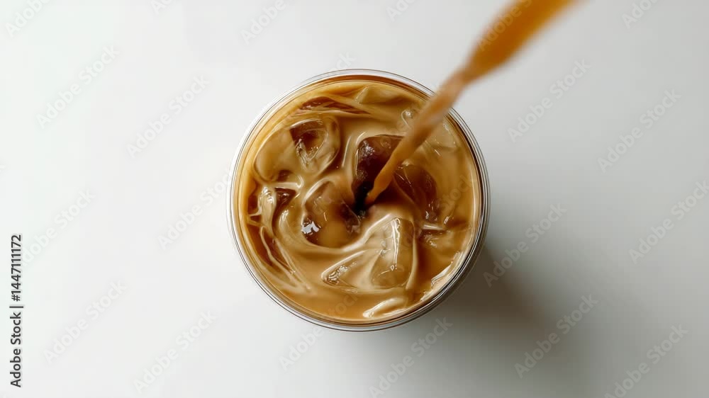 Overhead close up view of iced coffee being poured into a clear plastic cup with ice cubes on a white background. The coffee is light brown, and the ice is translucent.