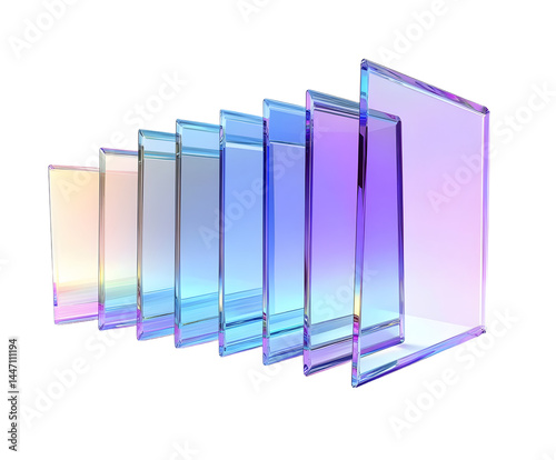 3d abstract glass square shapes in row. Iridescent crystal transparent plates, flying rainbow panels with holographic gradient, dispersion light for ui design, digital tech background