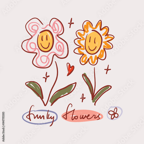 Hippie bohemian flowers smile face groovy postmodern funky font 1960s boho psychedelic style. Perfect for posters, t shirts, collages, clothing, music albums and more. Vector clipart illustrations