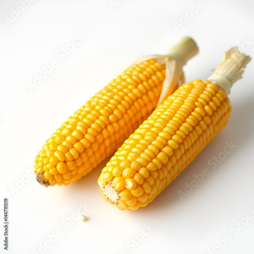 Freshly shucked golden corn kernels artfully displayed on a white backdrop capturing the essence of summers bounty