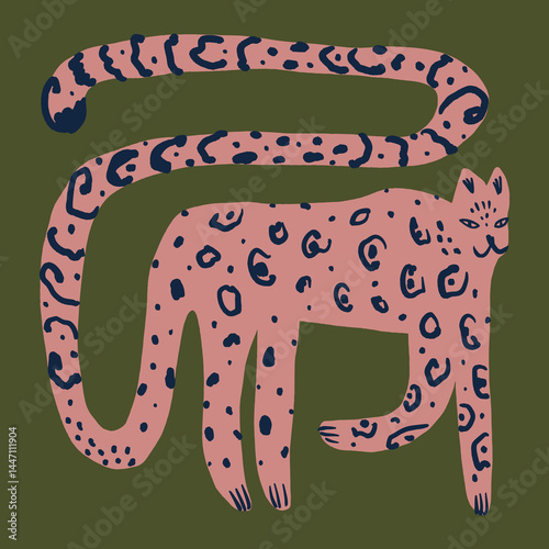 Pink groovy leopard wild cat boho illustration in abstract cartoon childish scandinavian style african oriental style, cute animal hand drawn flat vector clipart adorable funny exotic animals jungle
