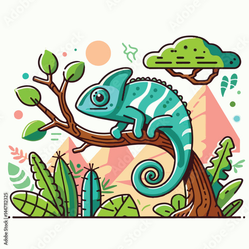 chameleon, animal, nature, green, reptile, art, wildlife, tropical, cute, camouflage, tail, lizard, colorful, beautiful, color, eye, fauna, pet, isolated, background, exotic, illustration, vector, whi