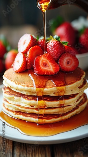 Delicate pancakes layered high and crowned with strawberry slices and golden syrup, perfect for a cozy morning delight.