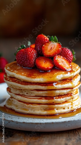 Delightful breakfast stack of fluffy pancakes crowned with fresh strawberries and a drizzle of syrup, perfect for a sunny morning.