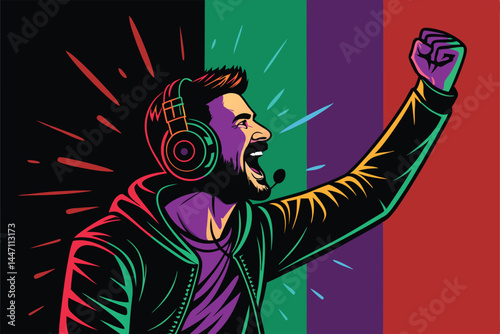 A young, enthusiastic gamer influencer livestreams, wearing a vibrant RGB headset, engaging their audience during an exciting online gaming session.