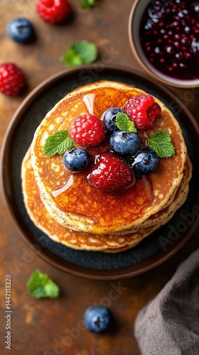 Fluffy pancakes adorned with fresh berries and drizzled with syrup create a delightful breakfast masterpiece.