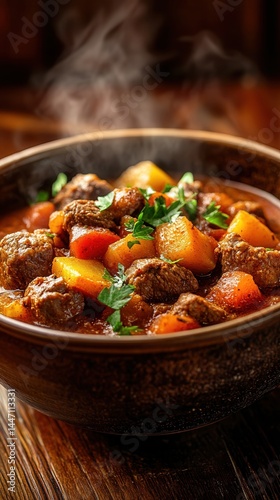 Rich Hungarian bogracs simmering in a rustic bowl, filled with tender meat and vibrant vegetables, reflecting culinary heritage.