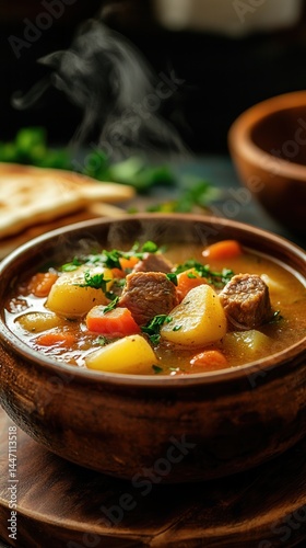 Discover the warm embrace of shurpa soup, a savory blend of meat and vegetables steaming in a rustic bowl.