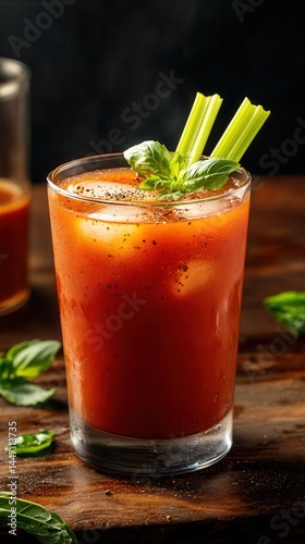 Stylishly crafted Bloody Mary cocktail garnished with fresh celery and herbs in a cozy yet vibrant bar setting.