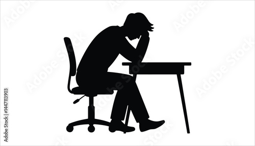 Stressed Man Sitting at Desk Silhouette Vector Illustration


