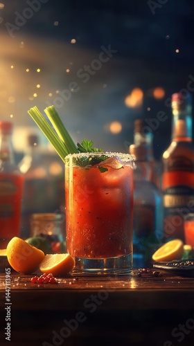 Vibrant Bloody Mary cocktail garnished with celery and fresh citrus served on a rustic bar at sunset.