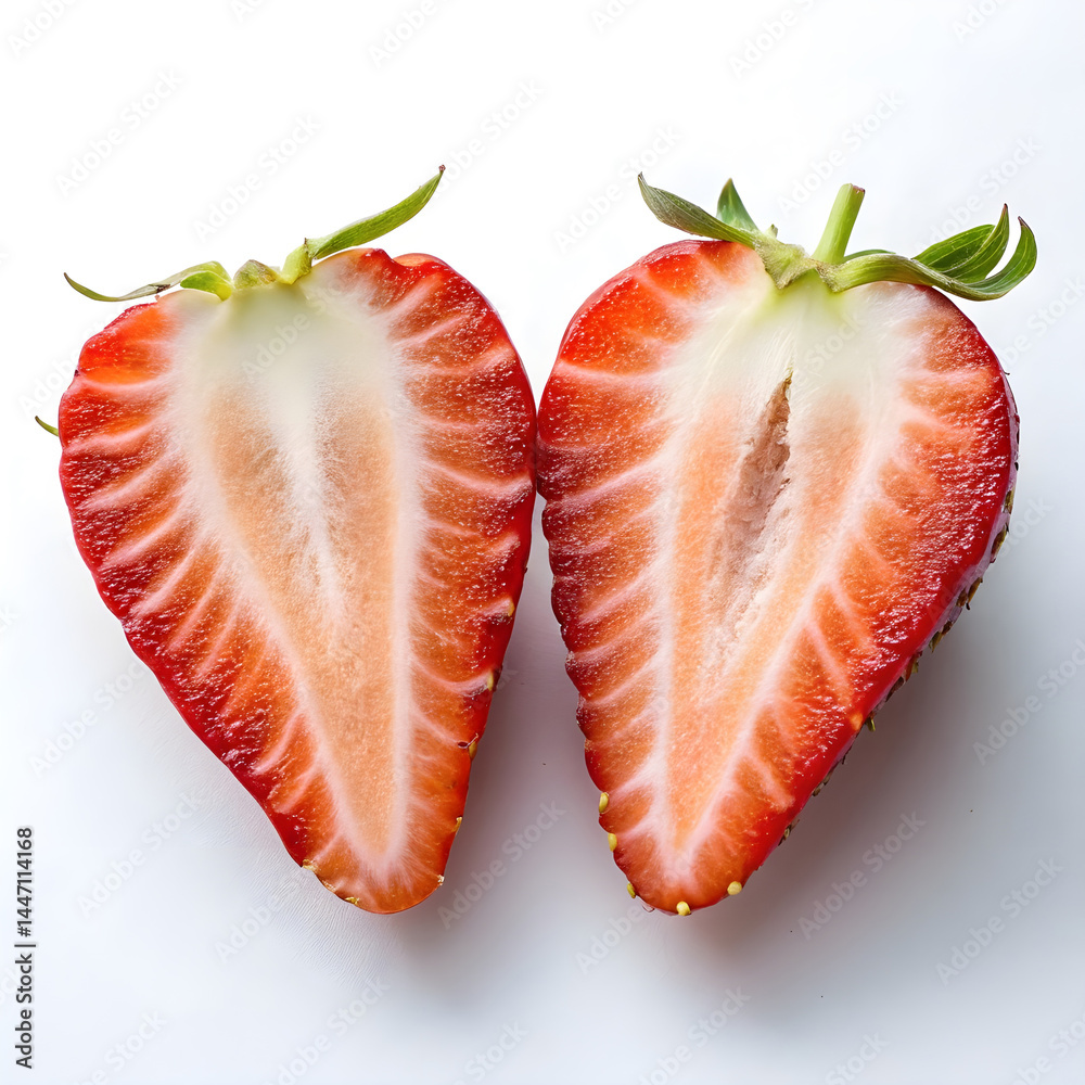 A strawberry sliced in half vertically, revealing its juicy red flesh and small, speckled seeds along the center. A strawberry sliced in half vertically, revealing its juicy red flesh and small, speckled seeds along the center.