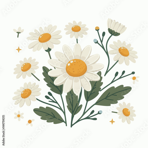 daisy, flower, chamomile, blossom, floral, summer, background, nature, plant, white, botanical, camomile, spring, bloom, herb, design, petal, leaf, natural, isolated, vector, illustration, vintage, te