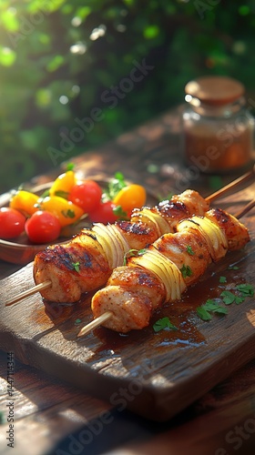 Delicious grilled chicken kebab marinated in olive oil served with a colorful medley of fresh cherry tomatoes outdoors at sunset.