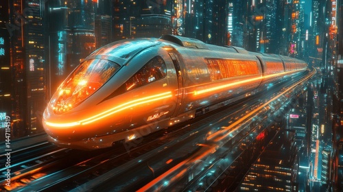 Futuristic Cityscape: High-Speed Train Through Neon-Lit Metropolis