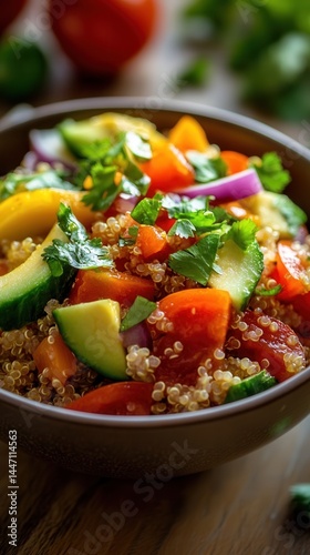 Vibrant vegan quinoa salad with diced avocado bursting with flavors, perfect for a fresh summer meal in a cozy kitchen.