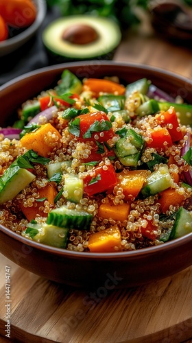 Vibrant quinoa salad bursting with flavors and colors, featuring diced avocado and fresh vegetables.
