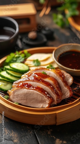 Crispy golden Peking duck served with fresh vegetables and savory sauce on a rustic wooden table.