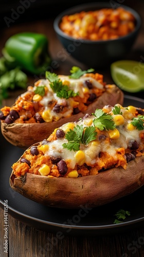 Deliciously baked sweet potato filled with spicy black bean and corn mixture garnished with fresh herbs.