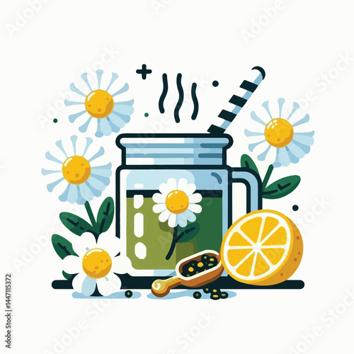 tea, herbal, chamomile, drink, healthy, background, cup, natural, beverage, white, organic, plant, medicine, fresh, hot, daisy, herb, aromatic, yellow, blossom, flower, closeup, camomile, glass, thera