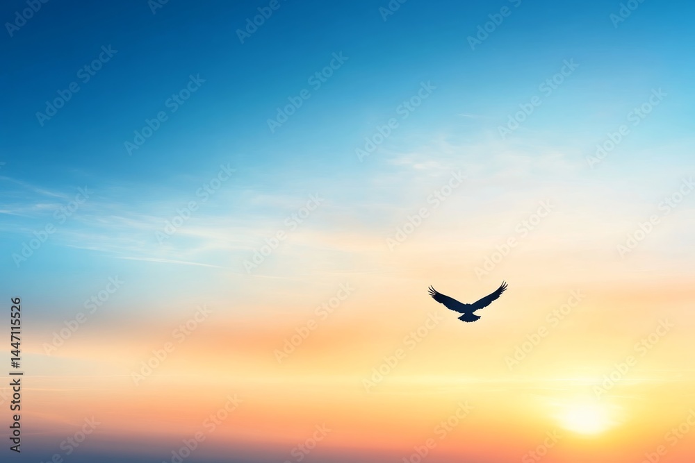 Fototapeta premium Eagle soars gracefully across a stunning gradient sky, wings outstretched and highlighted by soft backlighting, showcasing intricate feather details