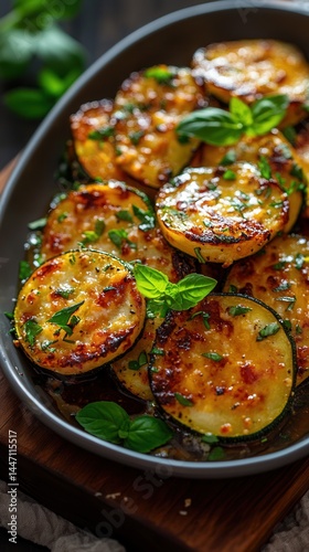 Baked zucchini slices topped with melted cheese and fragrant herbs create a delicious and healthy dish for any meal.