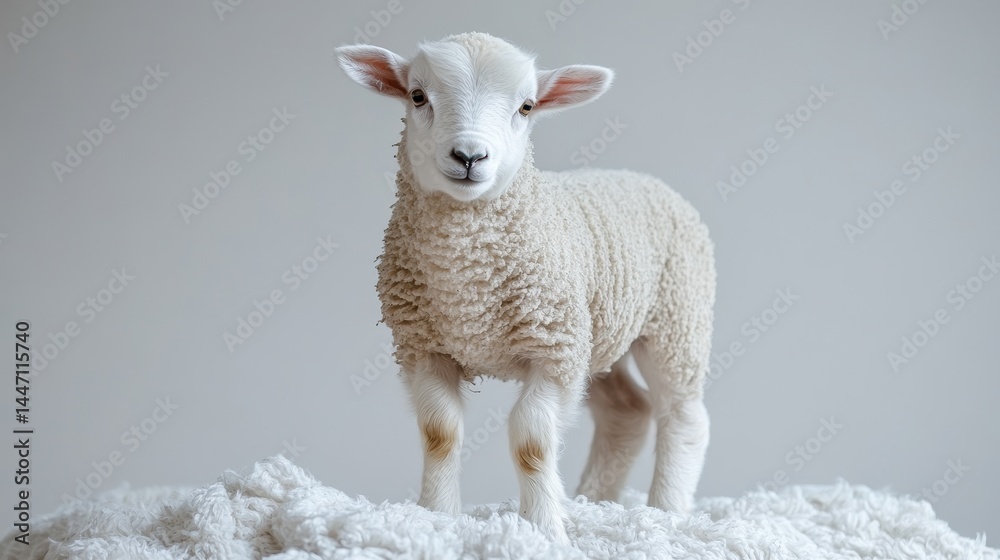 Fototapeta premium Auspicious_lamb_standing_regally_on_a_cloud_of_cotton_evoking_feelings_of_serenity_and_peacefulness_in_a_soft_studio_shot