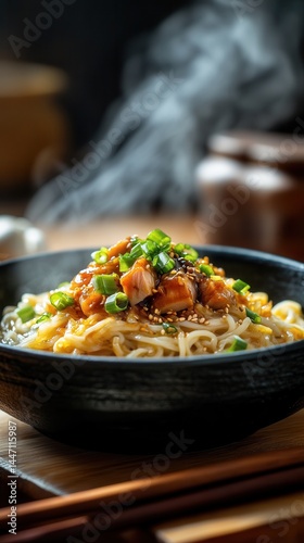 Savor the warmth of steaming rice noodles topped with savory canned delicacies.