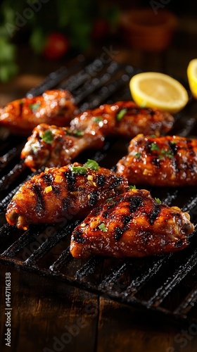 Grilled chicken wings marinated to perfection, served hot with zesty lemon slices in a cozy outdoor setting.