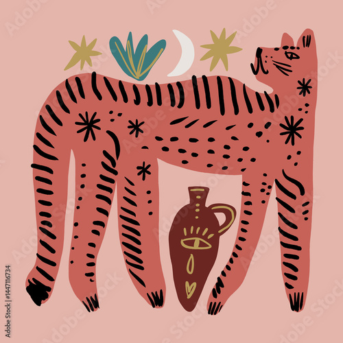 Boho groovy tiger wild cat illustration in abstract cartoon childish scandinavian style asian oriental style, cute animal hand drawn flat vector clipart adorable funny exotic animals jungle poster and