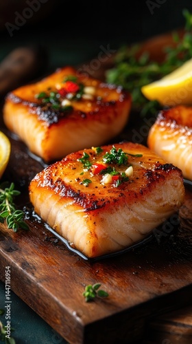 Grilled stingray fillet with a golden crust, garnished with herbs and served with fresh lemon slices.