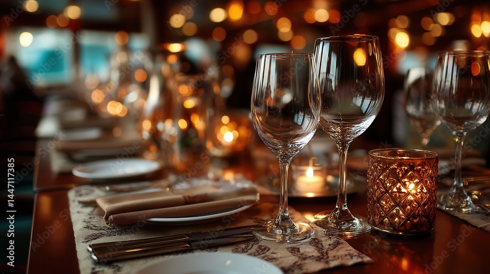 Fototapeta premium Elegant romantic dinner table setting in upscale restaurant