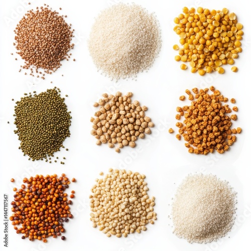 Various Grains Isolated on White Background for Healthy Cooking