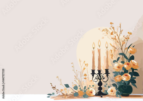 Elegant Candelabra with Peach Roses and Warm Candlelight Reflection Illustration with Copyspace.