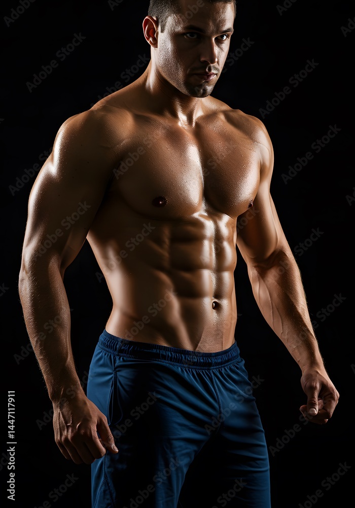 Studio portrait of a bodybuilder in dry-fit workout gear, showing abs Studio portrait of a bodybuilder in dry-fit workout gear, showing abs