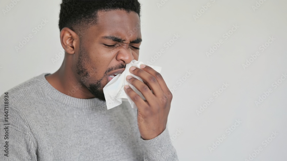 A man experiencing cold virus symptoms, such as a sore throat and nosebleed. He is using a handkerchief to relieve his discomfort. A man experiencing cold virus symptoms, such as a sore throat and nosebleed. He is using a handkerchief to relieve his discomfort.