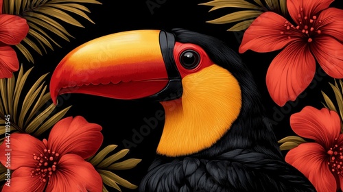 Tropical avian tapestry a vibrant toucan amidst blossoming florals artistic illustration in bold hues and exotic motif a digital art for creative projects photo
